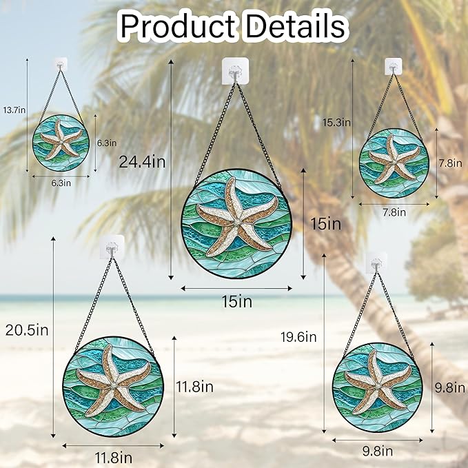 Stained Glass Window Hanging Teal Sea Waves Starfish Large 15" - Suncatcher Door Garden Sun Catcher Home Decor Birthday Mother's Day for Mom Men Woman Parents Her Child Nana