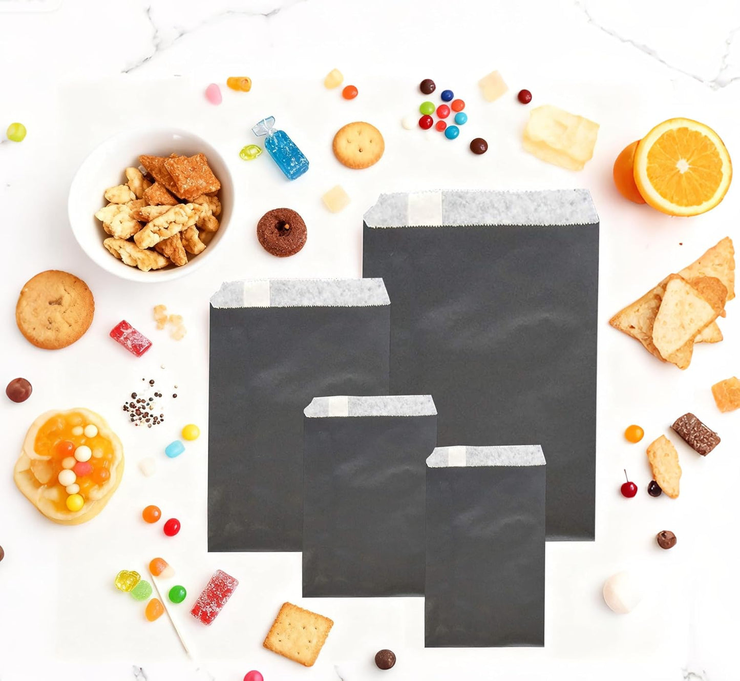 AZOWA Black Paper Treat Bags 6 x 3 Black Paper Candy Bags for Candy Buffet (100 CT, 6 x 3 IN)