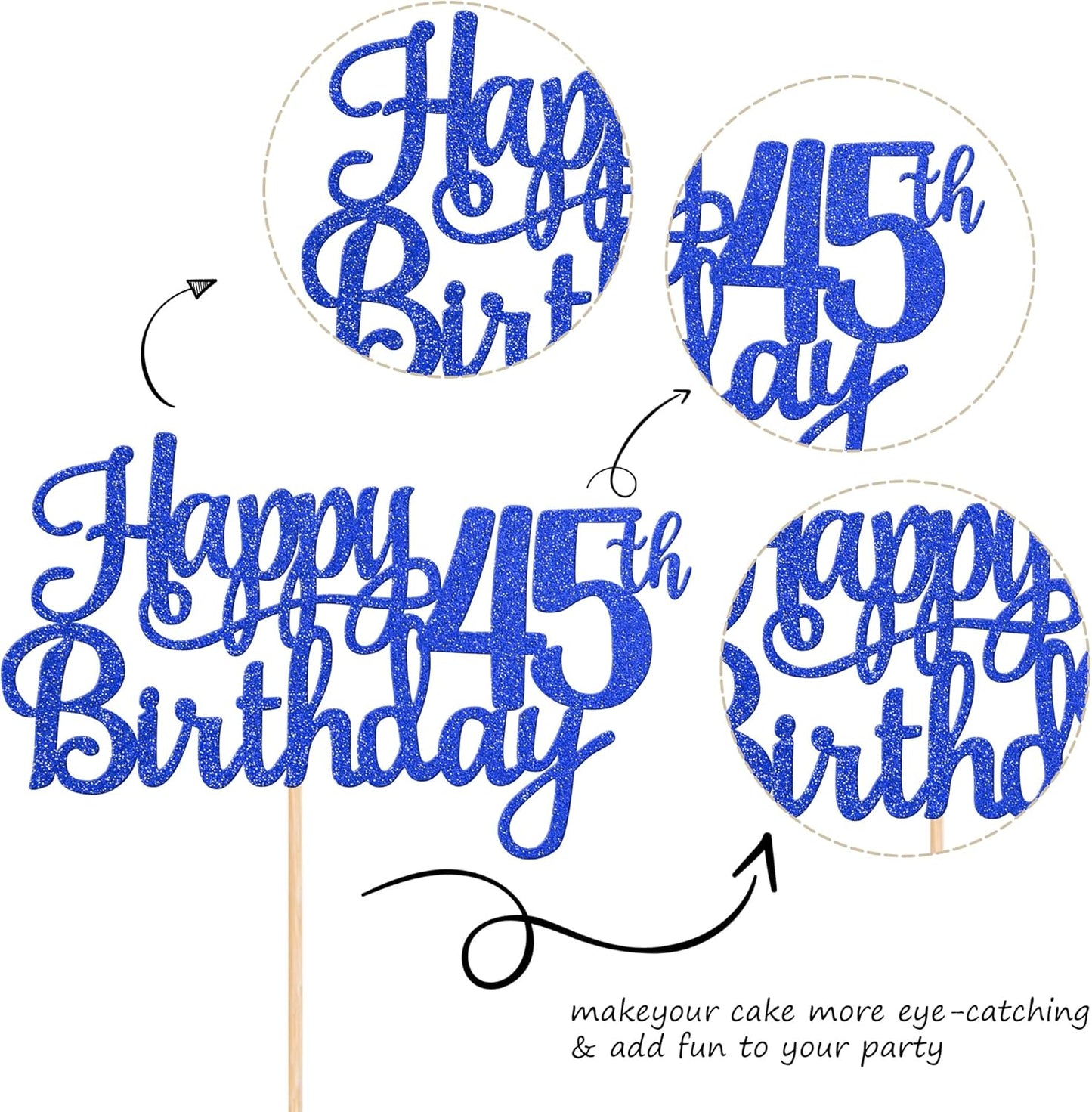 1 PCS Happy 45th Birthday Cake Topper Glitter Cheers to 45 Years Birthday Cake Pick Forty Five 45 Fabulous Cake Decoration for Happy 45th Birthday Theme Party Decorations Supplies Blue