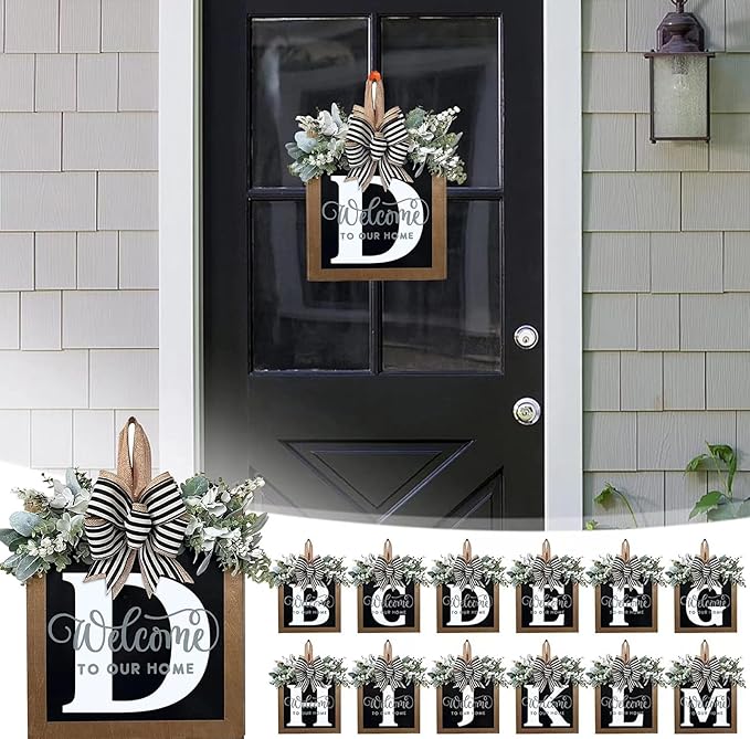 Last Name Year Round Front Door Wreath Front Porch Decoration 26 Letter Welcome Sign with Eucalyptus Garland and Bow Spring Wreaths for Front Door Outside Hanger Garland (D)