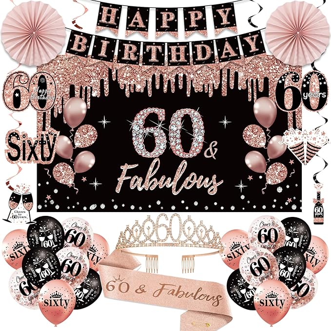 60th Birthday Decorations for Women, 33pcs Black Rose Gold Happy 60th Birthday Banner Crown and Sash Balloons Backdrop Hanging Swirls Paper Fans, 60 Years Old Party Supplies Kit