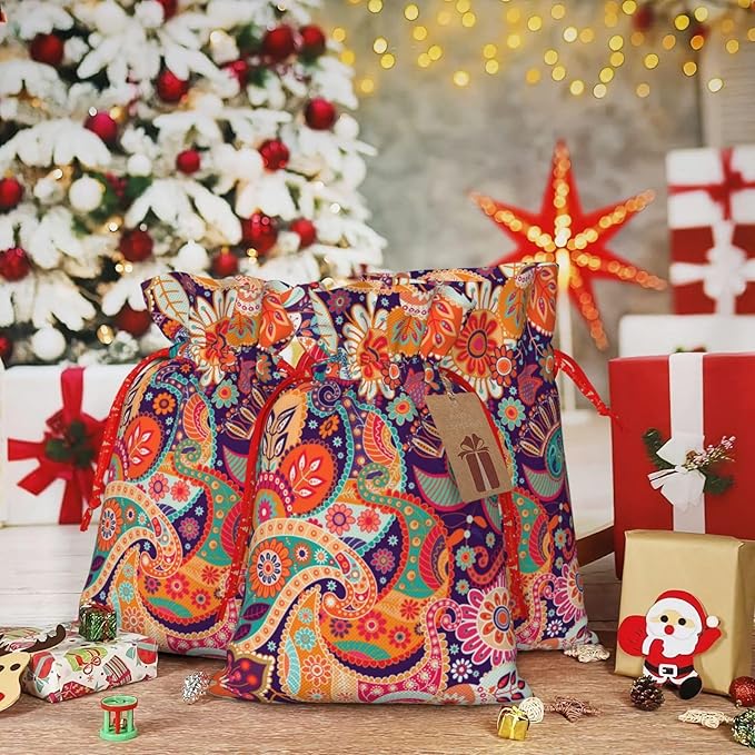 Jhggffd Boho Floral Colorful Bohemian Flower Christmas Gift Bags Christmas Treat Bags Cloth Christmas Gift Bag Drawstring Christmas Bags for Gifts Favor Bags Reusable Xmas Gift Bags for Holiday Party