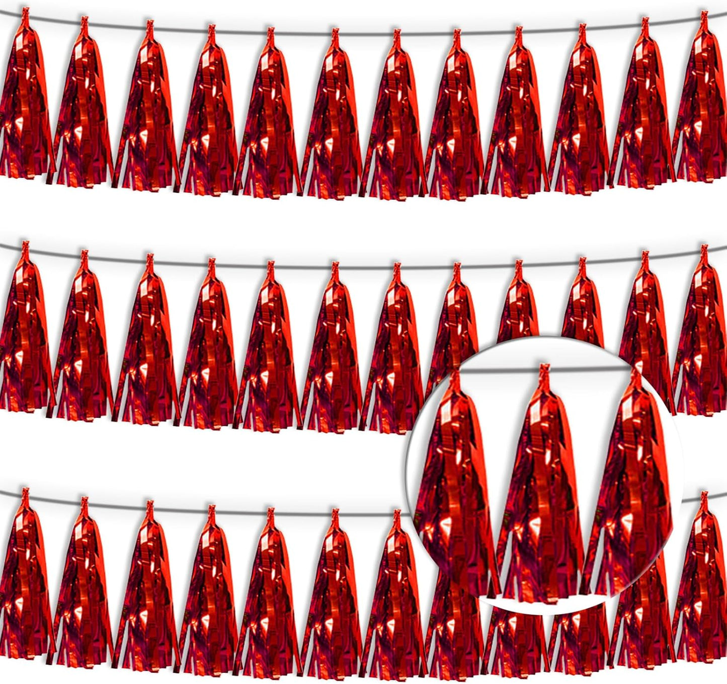 3P Red Tassel Banner Garland Metallic Foil Fringe Banner Tinsel Tassels Streamer Banner Backdrop for Parade Floats, 2025 Graduation Decorations, Wedding Party Decoration