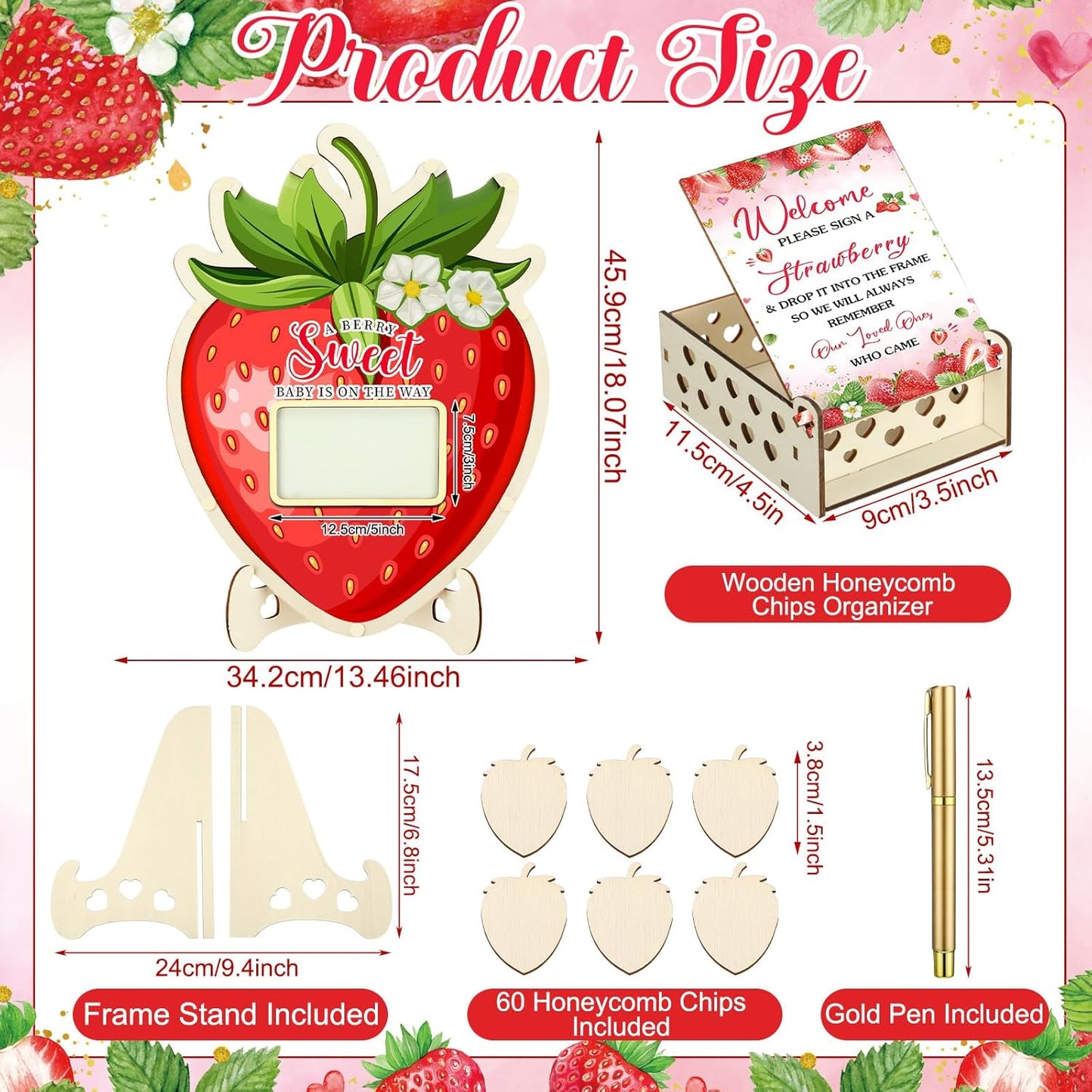 Wenqik 63 Pcs Strawberry Baby Shower Guest Book Alternatives Set Baby Shower Decorations with Photo Frame Sonogram Frame Keepsake 60 Wood Slices Guest Book for Birthday