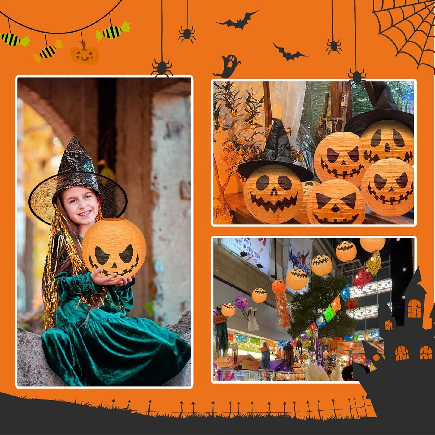 12 Inches 12 Pack Halloween Jack-O-Lantern Paper Lanterns , Halloween Pumpkin Hanging Paper Lantern for Home Outdoor Decoration Party , Multi-Style