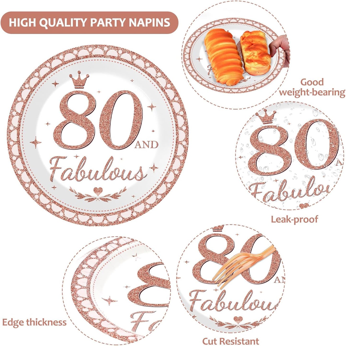 50 Guests 80th Birthday Plates and Napkins 80th Birthday Decorations for Women Rose Gold Happy Birthday Party Fabulous Tableware Set Cheers To 80 Years Party Supplies Table Decors for Girl 200PCS