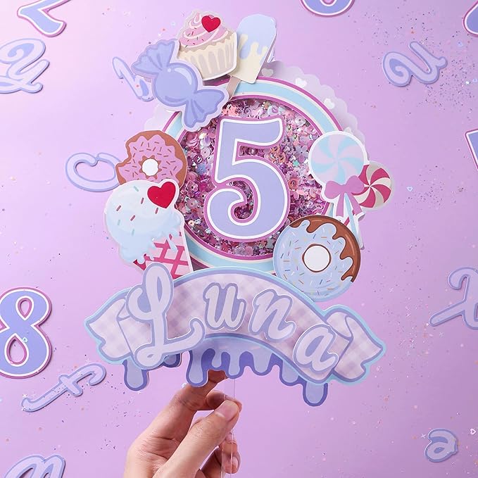 Coucoland Personalized Cake Topper - Ice Cream Candy Glitter Decor with Custom Name Age for Baby Shower Birthday Party Supplies