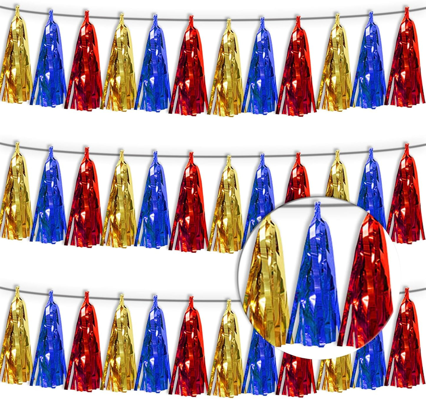 3P Gold Blue Red Tassel Banner Garland Metallic Foil Fringe Banner Tinsel Tassels Streamer Banner Backdrop for Parade Floats Graduation, Halloween, Christmas, Baby Bridal Shower Party Decorations