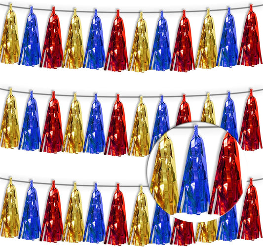 3P Gold Blue Red Tassel Banner Garland Metallic Foil Fringe Banner Tinsel Tassels Streamer Banner Backdrop for Parade Floats Graduation, Halloween, Christmas, Baby Bridal Shower Party Decorations