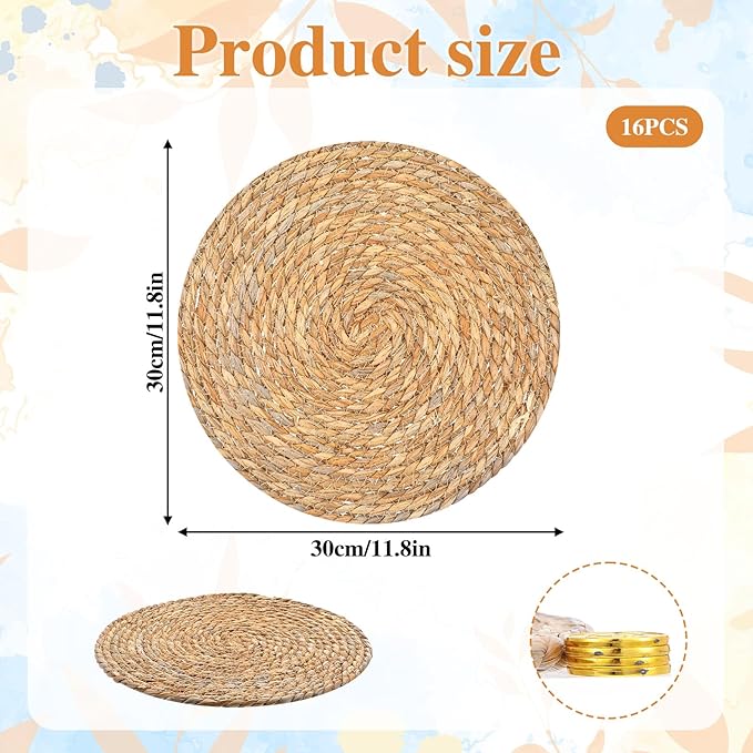 Set of 16 Round Woven Rattan Placemats, 12 Inch Boho Farmhouse Table Mats Natural Cattail Charger Plates for Dining Table Decor Heat-Resistant Braided Place Mats