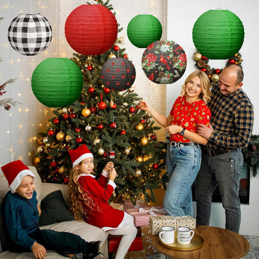 Bencailor 12 Pcs Christmas Hanging Paper Lanterns Set Decorative Party Round Hanging Lamps for Xmas Home Decoration Supplies Props Holiday Decor(12, 10, 8 Inch,Plaid)
