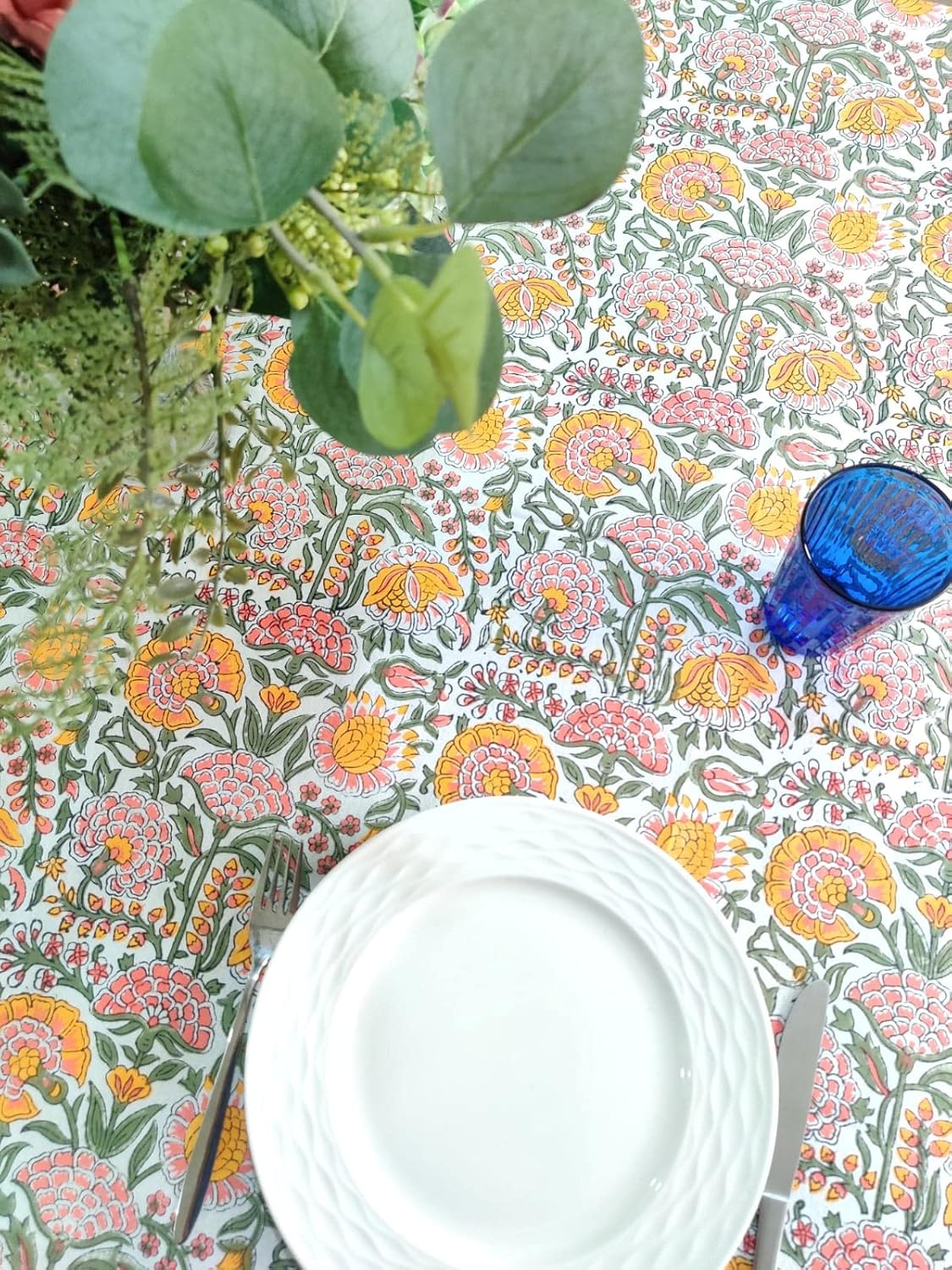 ATOSII Clover Yellow 100% Cotton Rectangle Fall Tablecloth, Handblock Floral Print Linen Table Cloth for Kitchen Dining I Parties, Outdoors, Christmas, Thanksgiving I 72 X 108 Inches I 8 Seater