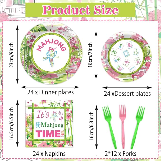 OBUSATT 96Pcs Mahjong Party Supplies Mahjong Paper Plates Napkins and Forks Mah jong Birthday Party Decorations Green and Pink Dinnerware for Home Special Events Game Night Tableware Serves 24