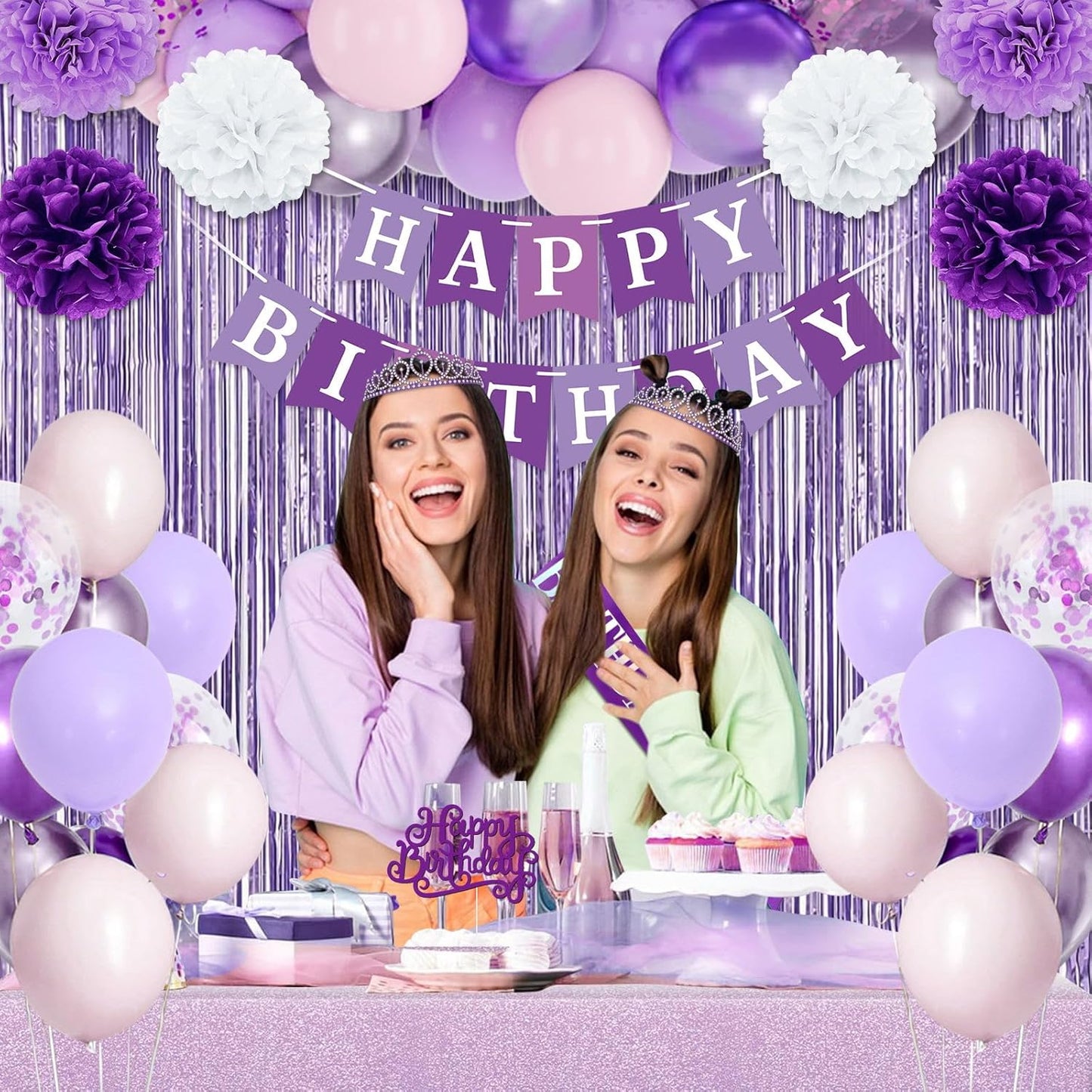 Purple Birthday Decorations, Purple Party Decorations with Balloons Happy Birthday Banner Bday Sash and Crown Tablecloth Fringe Curtain Paper Pom Poms for Women Girls Bday Decor