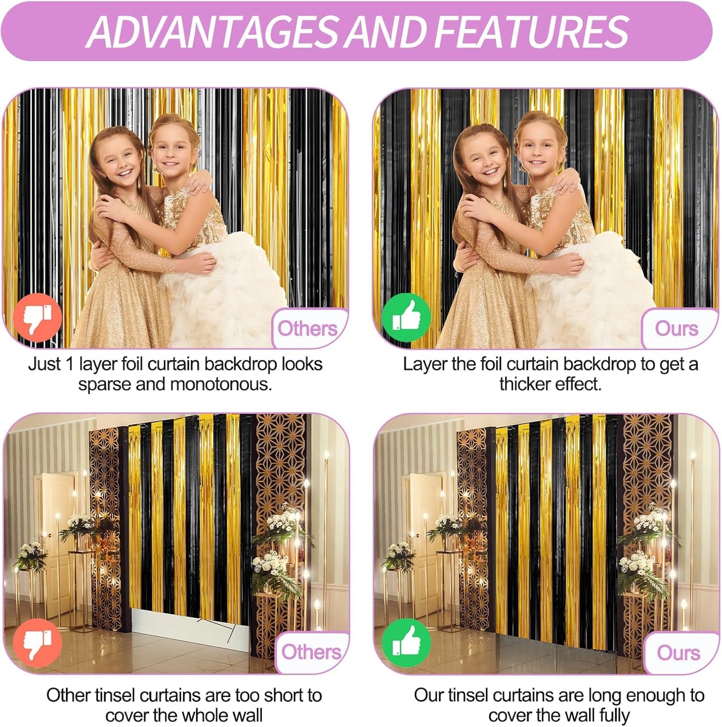 Crosize 3 Pack 3.3 x 9.9 ft Black & Gold Foil Fringe Curtains Party Decorations, Black & Gold Tinsel Curtain Backdrop for Parties, Door Streamers, Glitter Streamer Backdrop for Birthday Decoration