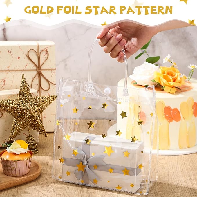 Aliceset 20 Pcs 8 x 8 x 3.15 Inch Clear PVC Gift Bags with Handles Small Gold Foil Star Transparent Star Party Favor Goodie Bags for Baby Shower Birthday Wedding Candy Snack Gift Wrapping