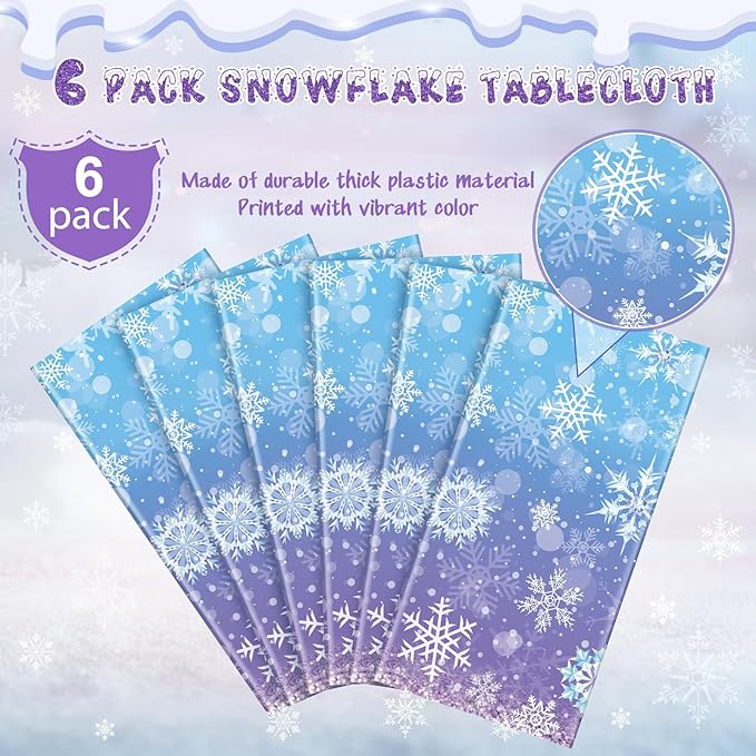 6 Pack Winter Snowflake Plastic Tablecloth Decorations, Blue and Purple Snowflake Winter Wonderland Disposable Table Cover for Christmas Holiday New Year Party Supplies Decorations, 54x108 Inch
