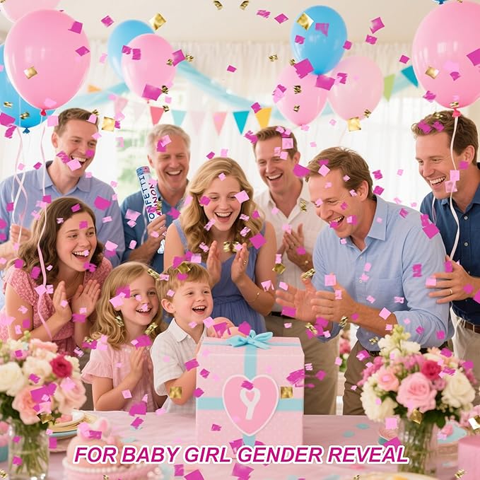 2 Pack Gender Reveal Confetti Cannon, 12 in Pink Square shaped Paper Party Poppers Cannons, Confetti Poppers For Baby Girl Gender Reveal Baby Showers (Square, Pink)