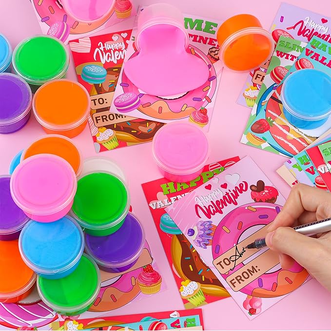 28 Pack Valentines Day Gifts for Kids Classroom, Butte Slime Kit Valentines Cards for Kids School Class Valentines Day Slime Fidget Toys Valentines Exchange Cards Valentines Party Favors Boys Girls