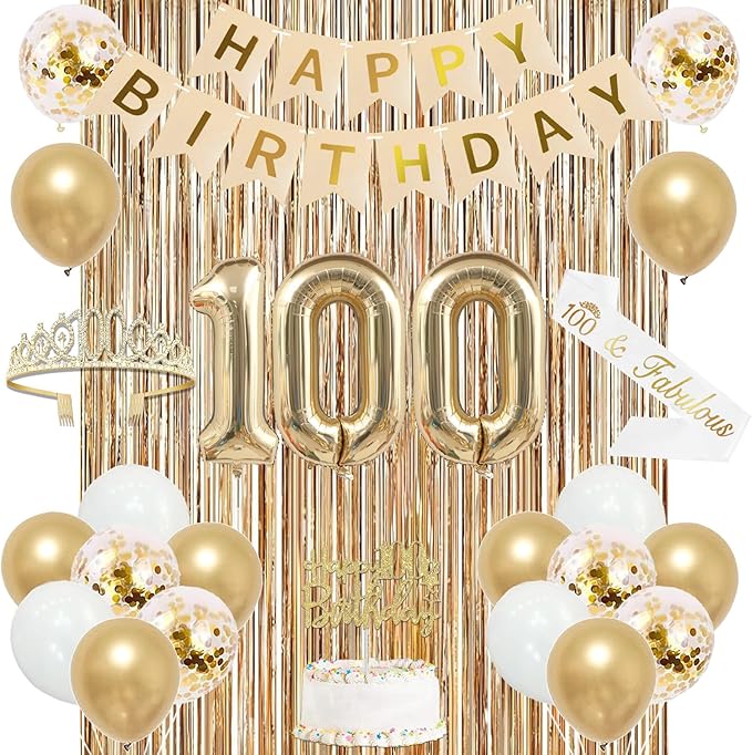 Trgowaul 100th Birthday Decorations for Women, Banner, Sash and Crown, Cake Topper, 100 Number Balloon, Fringe Curtains, Champagne Gold 100th Birthday Party Supplies