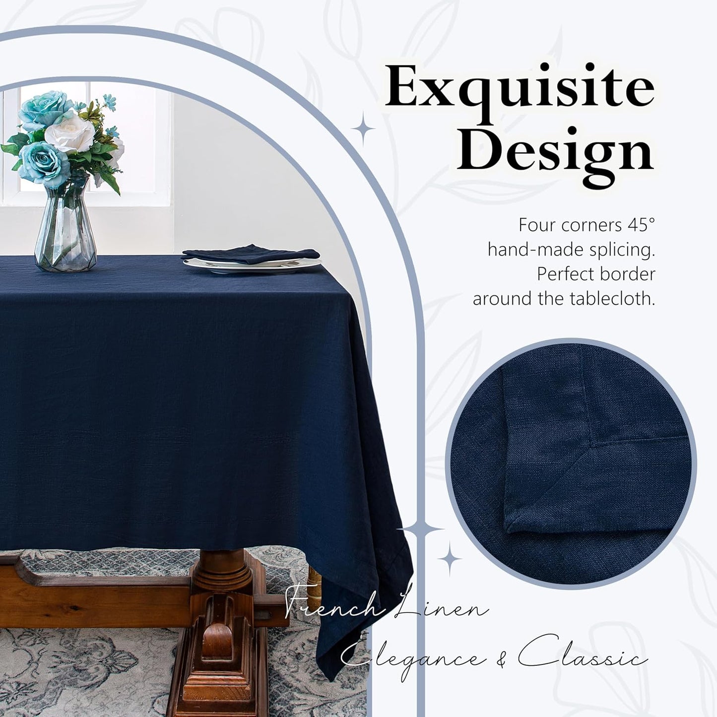 Linen World Linen Tablecloth,100% French Linen Navy Tablecloth 120" x 60" Inch,Washable Rectangular Tablecloth for Dining,Outdoor,Weddings and Restaurants,Decorative Thanksgiving Christmas