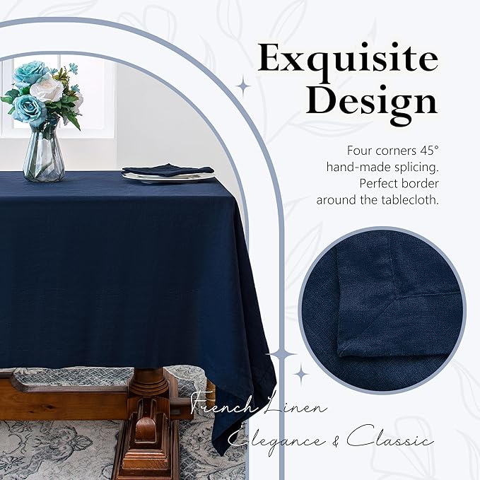 Linen World Linen Tablecloth,100% French Linen Navy Tablecloth 108" x 60" Inch,Washable Rectangular Tablecloth for Dining,Outdoor,Weddings and Restaurants,Decorative Thanksgiving Christmas