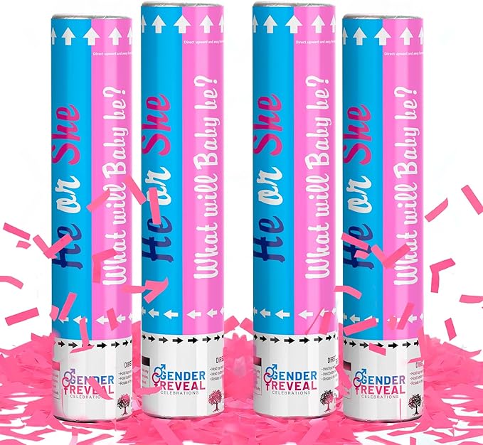 POPUPARTY 4 Pack Gender Reveal Confetti Cannon | No Powder Confetti Poppers | Ideal for Baby Girl Gender Reveal Decoration (4 Pink)