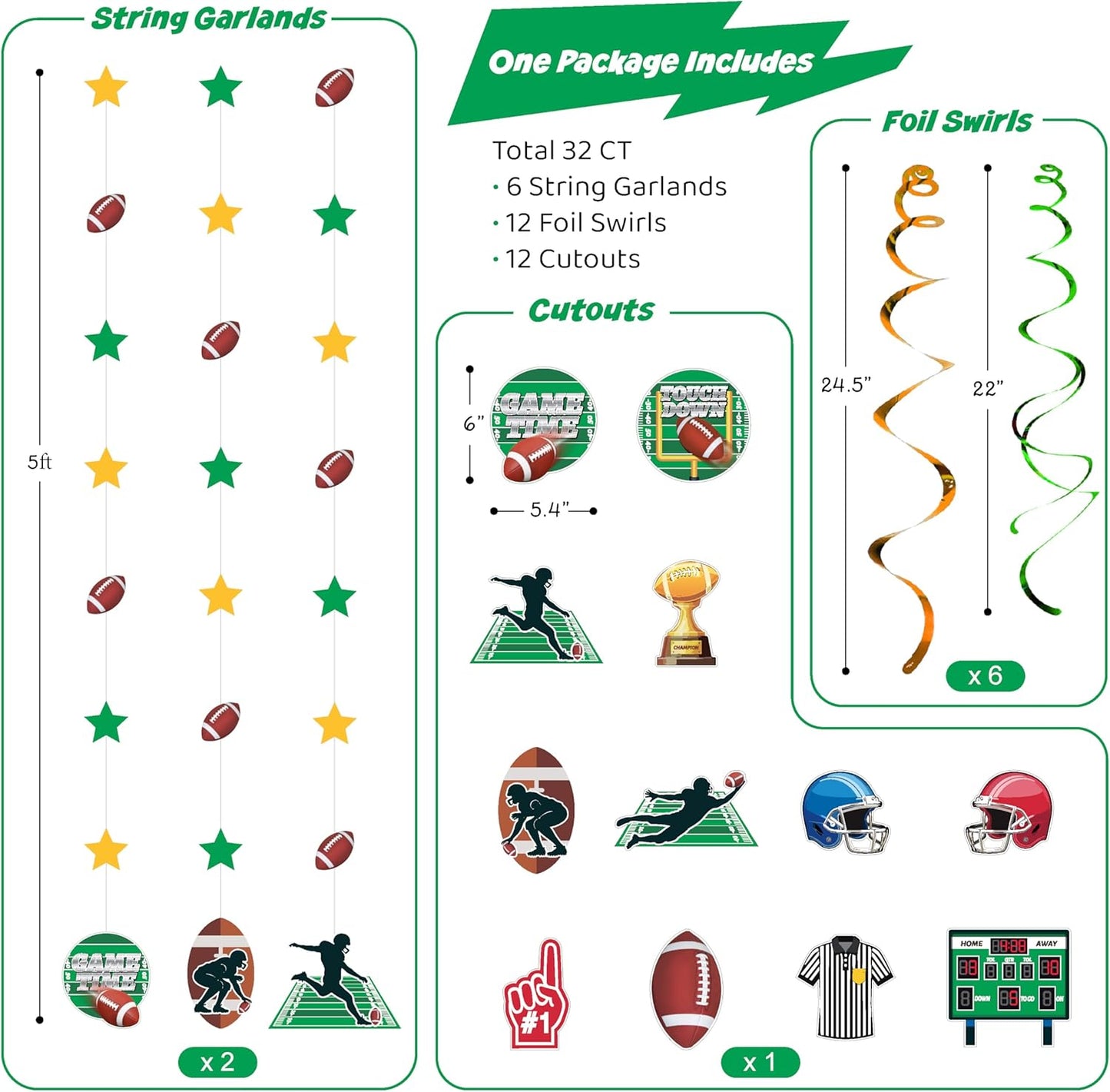 32-Piece Football Party Decoration Kit – Banners, Foil Swirls, Garlands and Cutouts with Helmets, Jerseys and Game Icons for Super Bowl, Tailgate, Sports Birthdays and Team Celebrations