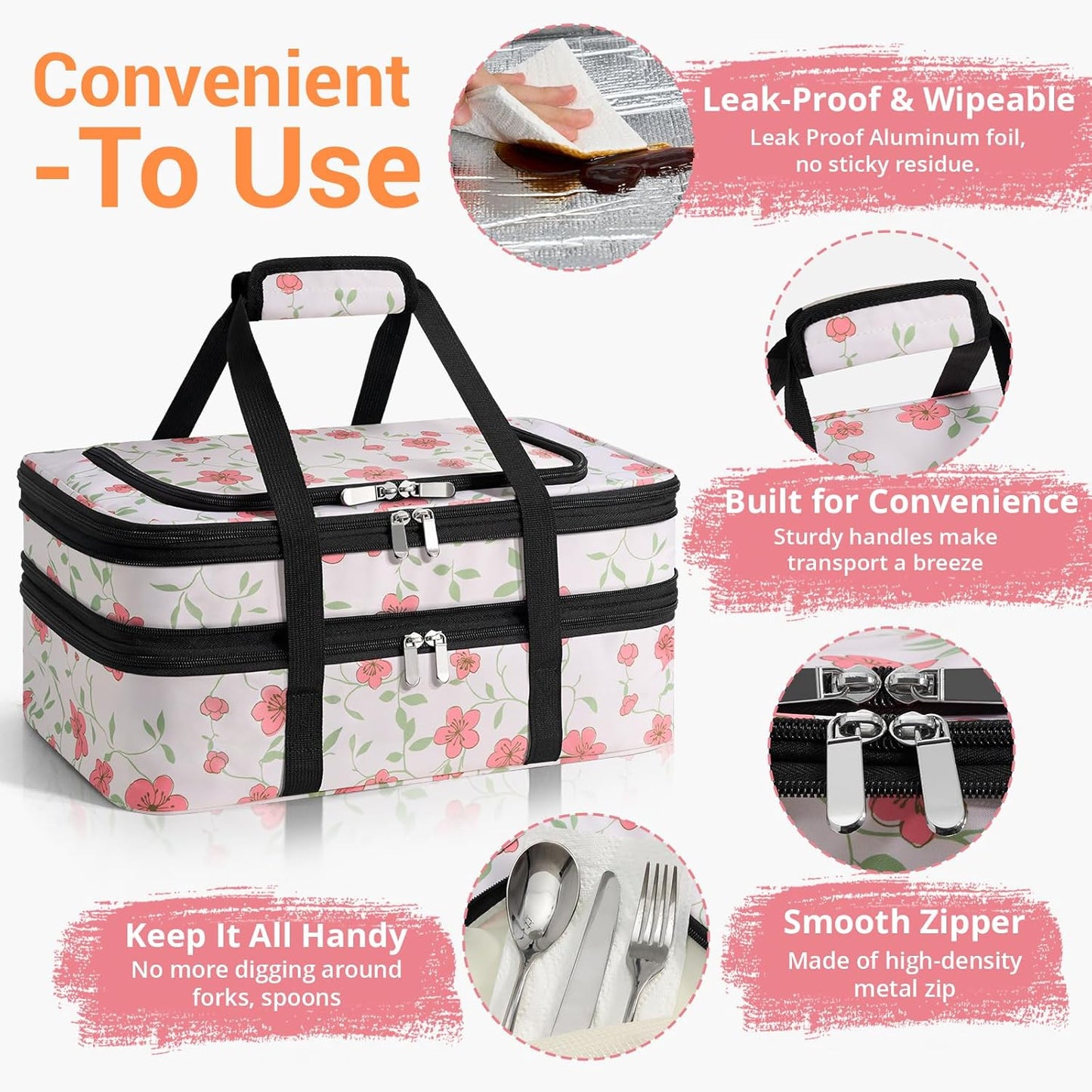 Insulated Double Casserole Carrier - Portable Casserole Carriers for Hot or Cold Food Lunch Tote Warmer or Cooler Bag for Potluck Parties Picnic Cookouts, Fits 9" x 13" Baking Dish - Flower