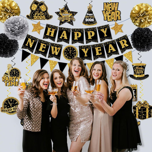 New Years Decorations Hanging Swirls,Black and Gold 2026 New Years Eve Decorations Banner Ceiling Hanging Pom Pom Garland Triangle Flag for Happy New Year Decorations