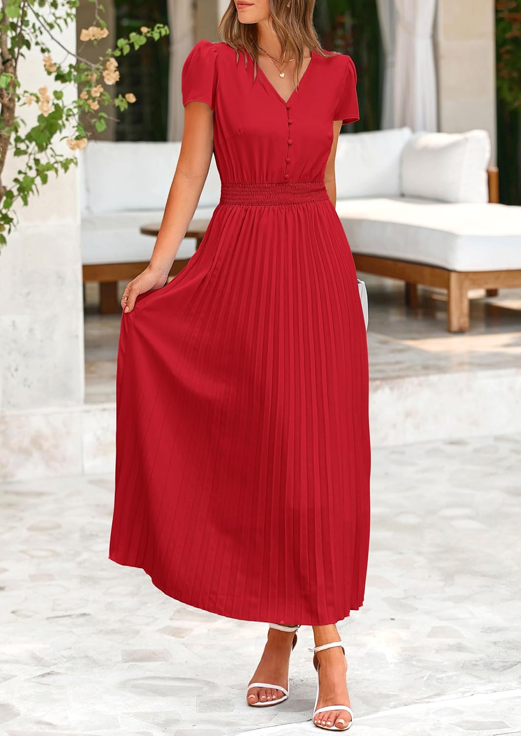 PRETTYGARDEN Women's Maxi Dresses 2025 Summer Trendy Cap Short Sleeve Button V Neck Casual Flowy Pleated Long Dress