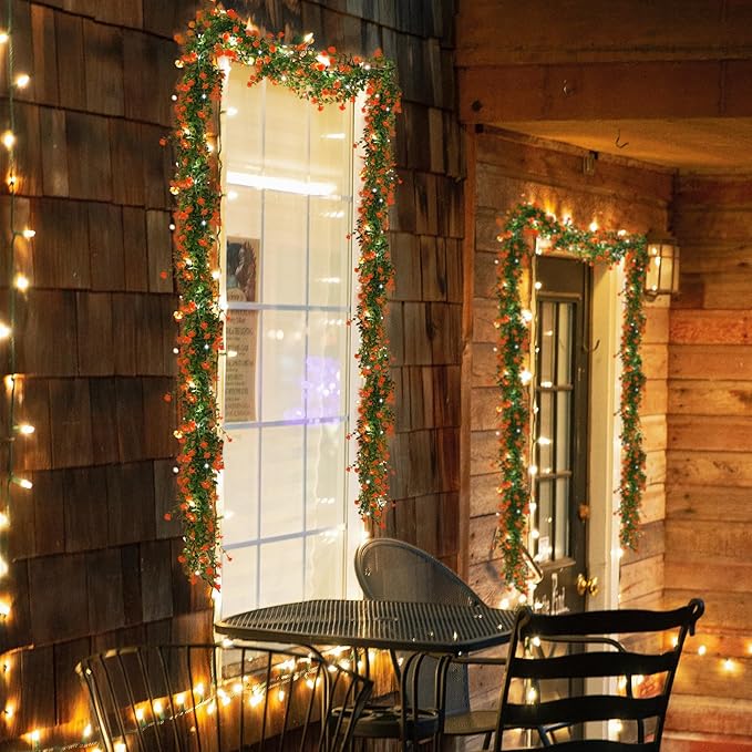 RECUTMS Faux Spring Eucalyptus Garland Artificial Hanging Vines Wedding Greenery Garland with Lights Faux Plants Indoor Flower Vine for Wall Fireplace Table Porch Door Decoration(Orange)