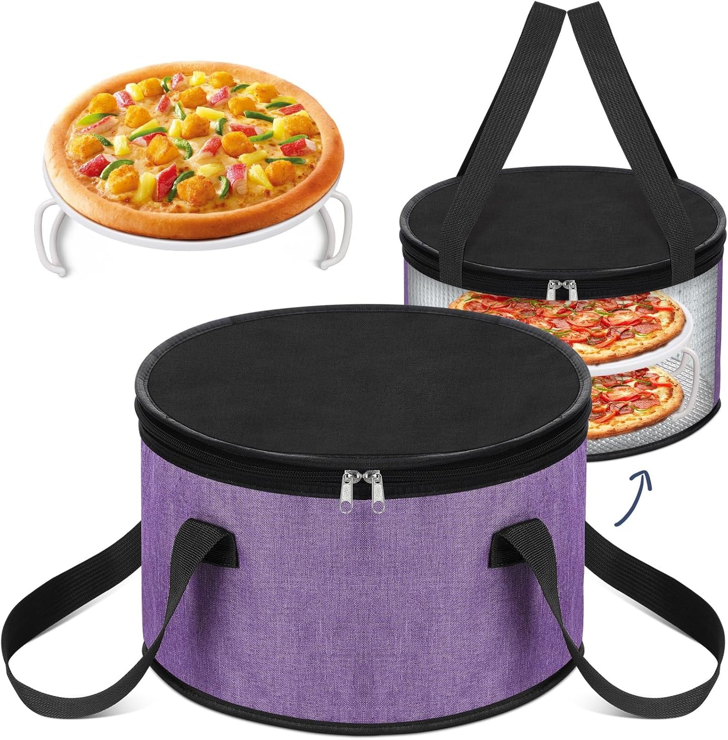 Yaomiao 2 Set Round Pie Carrier 11 x 7 Inch with Dish Tray Plate Stacker Insulated Casserole Carrier with Lid and Handle Reusable Cooler Thermal Bag for Cold Food for Potluck Picnic (Black and Purple)