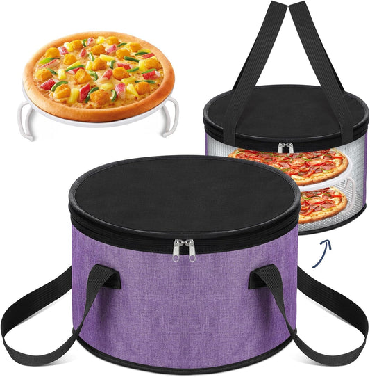Yaomiao 2 Set Round Pie Carrier 11 x 7 Inch with Dish Tray Plate Stacker Insulated Casserole Carrier with Lid and Handle Reusable Cooler Thermal Bag for Cold Food for Potluck Picnic (Black and Purple)