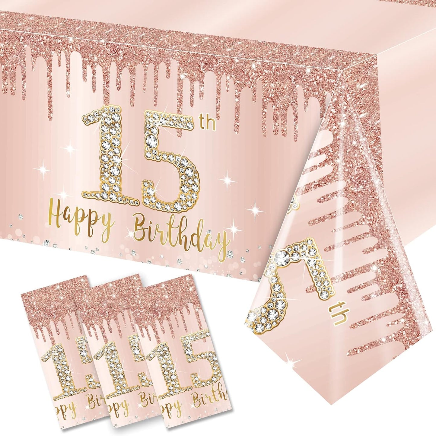 Excelloon 3 Pack Pink Rose Gold Happy 15 Birthday Theme Table Cover Party Supplies, Fifteen Year Old Birthday Plastic Disposable Rectangular Table Cloth Decor