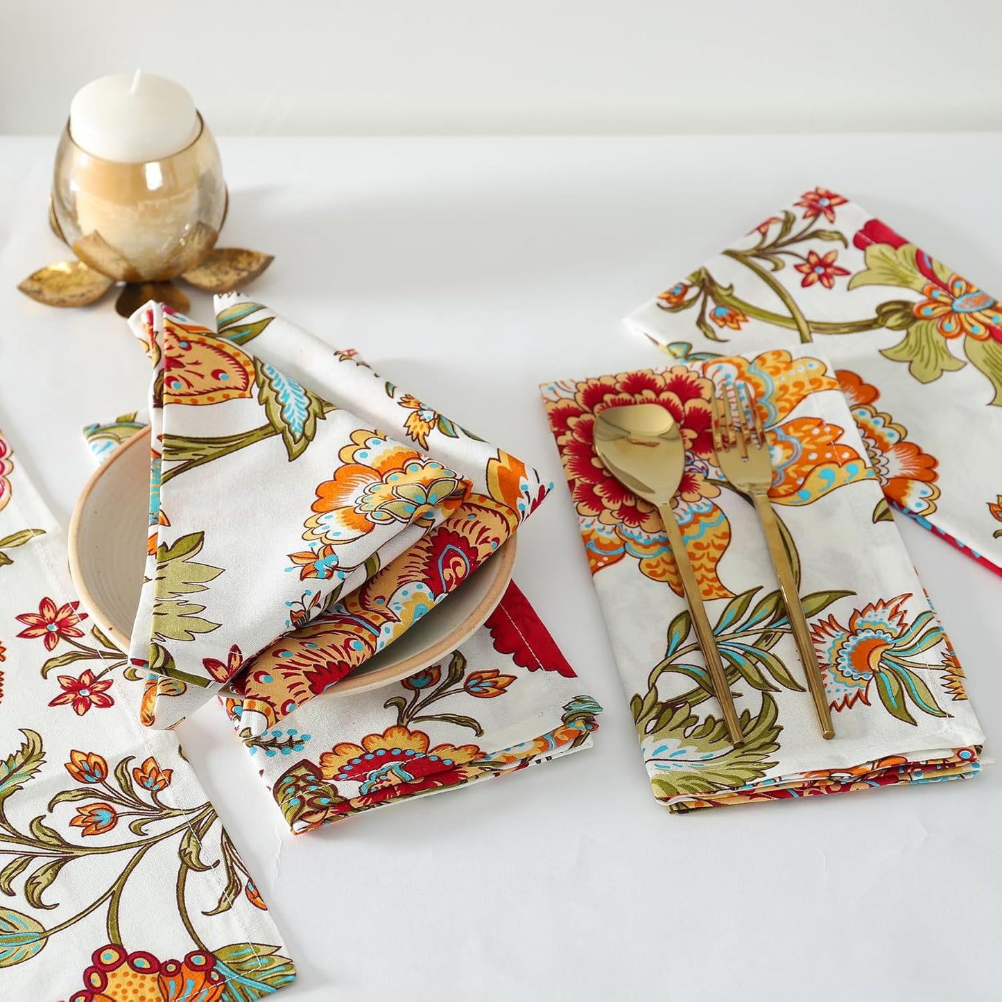 TARAN LIVING Napkins Fall Printed Cotton Cloth Napkin Reusable Boho Dinner Napkin Set Washable Dish Napkin for Gifts, Home Decor, Hotel, New Year Party - Kaveri - Set of 6, 20x20 Inches