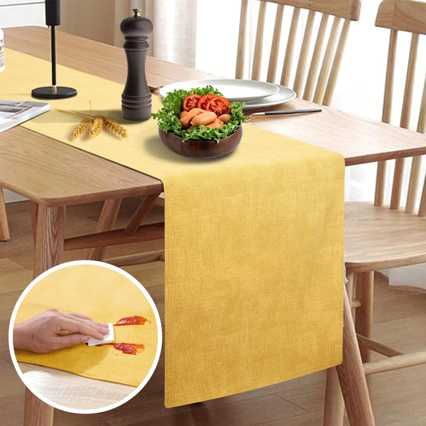 Wipeable Table Runner, Thick Farmhouse Dresser Runner, Rustic for Kitchen, Bedroom, Living Room, Indoor and Outdoor (72'', Mustard Yellow)