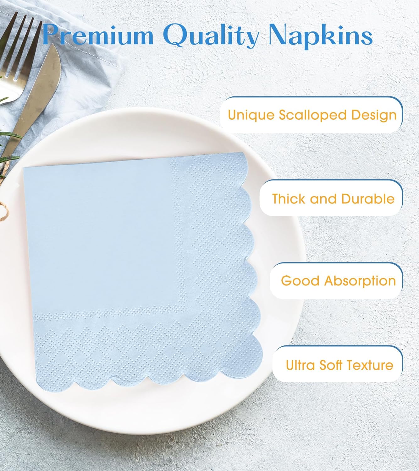 100 Pack Cocktail Napkins, 3-Ply Scalloped Edged Wedding Napkins Folded 5 x 5 Inches Dessert Napkins, Disposable Napkins for Dinner Birthday Party Bridal Anniversary Baby Shower Reception (Light Blue)
