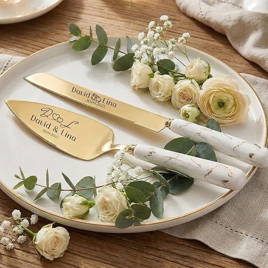 Personalized Gold Wedding Cake Knife and Server Set - Custom Engraved Stainless Steel Cake Pie Pastry Servers Cutting Cutter Set with Marble Pattern, Gift for Wedding Anniversary Birthday Christmas
