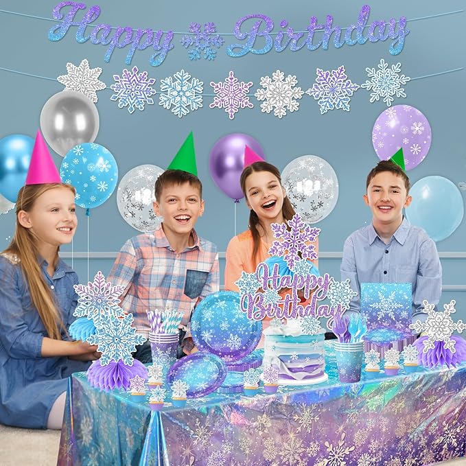 Winter Wonderland Birthday Party Decorations,Snowflake Paper Plates and Napkins, Snowflake Paper Cups,Tablecloth,Banner,Balloon,Cake Topper for Christmas Winter Birthday Party Supplies