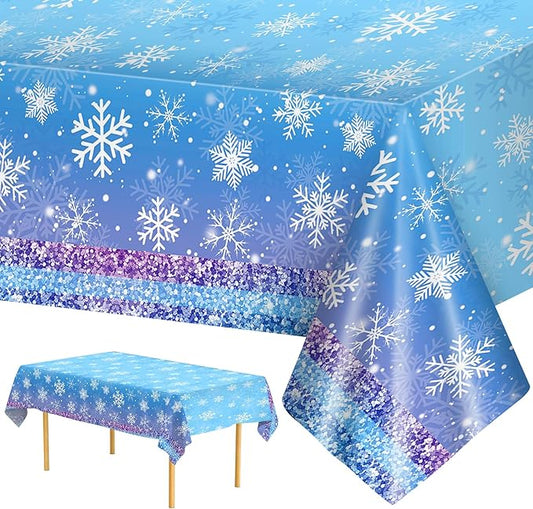 2 Pcs Winter Snowflake Tablecloth Plastic - Disposable Frozen Table Cloth, Purple Blue Rectangle Winter Wonderland Table Cover for Christmas Winte Holiday Tables Decor Party Supplies Favors,54x108Inch