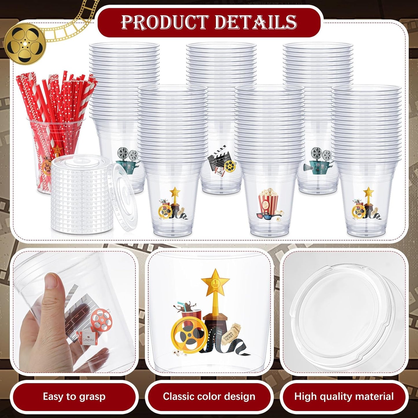 Bokon 172 Pcs/ 24 Sets of Christmas Movie Night Snack Trays 3 Sizes Snack Boxes, 16 oz Disposable Drinks Cups, 50 Straws, Complimentary Sealing Stickers for Cinema Party Decoration(Plastic,Cinema)
