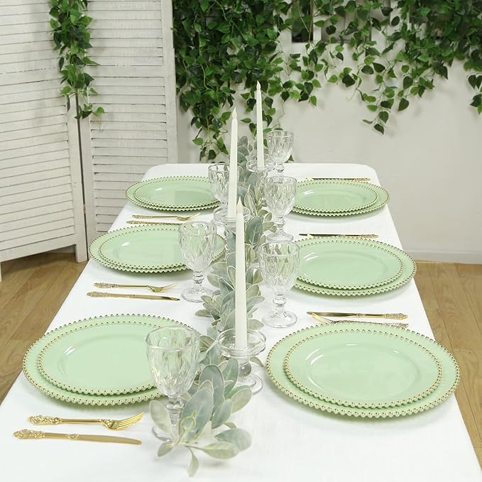Efavormart 10-Pack Economy Plastic Charger Plates 13" Round Sage Green with Gold Beaded Rim - Stylish Dinner Party Serving Plates