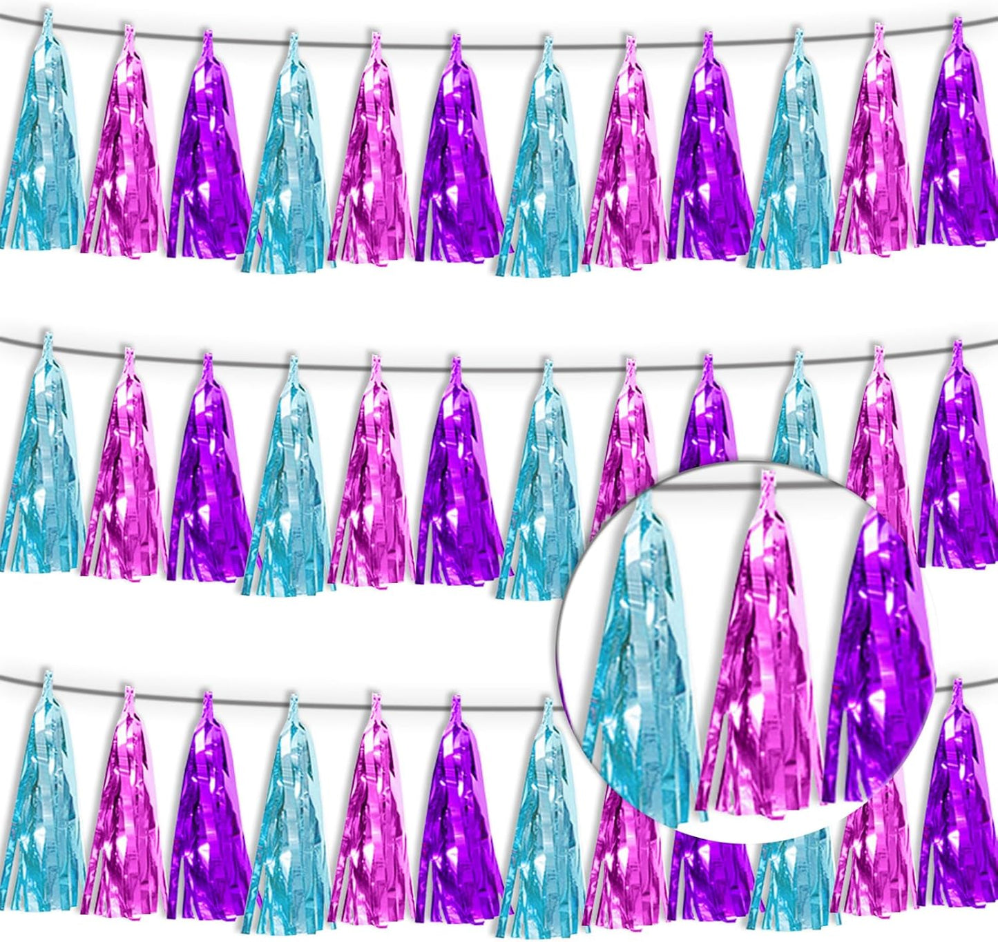 3P Lake Blue Purple-Hot Pink Tassel Banner Garland Metallic Foil Fringe Banner Tinsel Tassels Streamer Banner Backdrop for Parade Floats,Graduation Decorations, Wedding Party Decoration