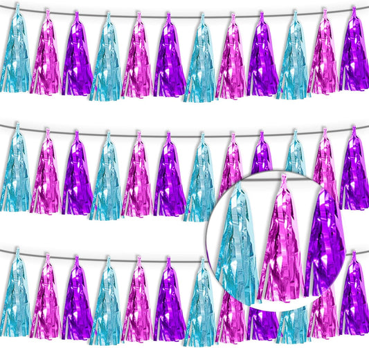 3P Lake Blue Purple-Hot Pink Tassel Banner Garland Metallic Foil Fringe Banner Tinsel Tassels Streamer Banner Backdrop for Parade Floats,Graduation Decorations, Wedding Party Decoration