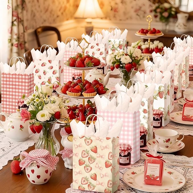 Kolldenn 24 Pcs Strawberry Party Gift Bags with Handles Paper Treat Goodie Bags Scalloped for Birthday Decoration for Bridal Baby Shower Tea Party Supplies
