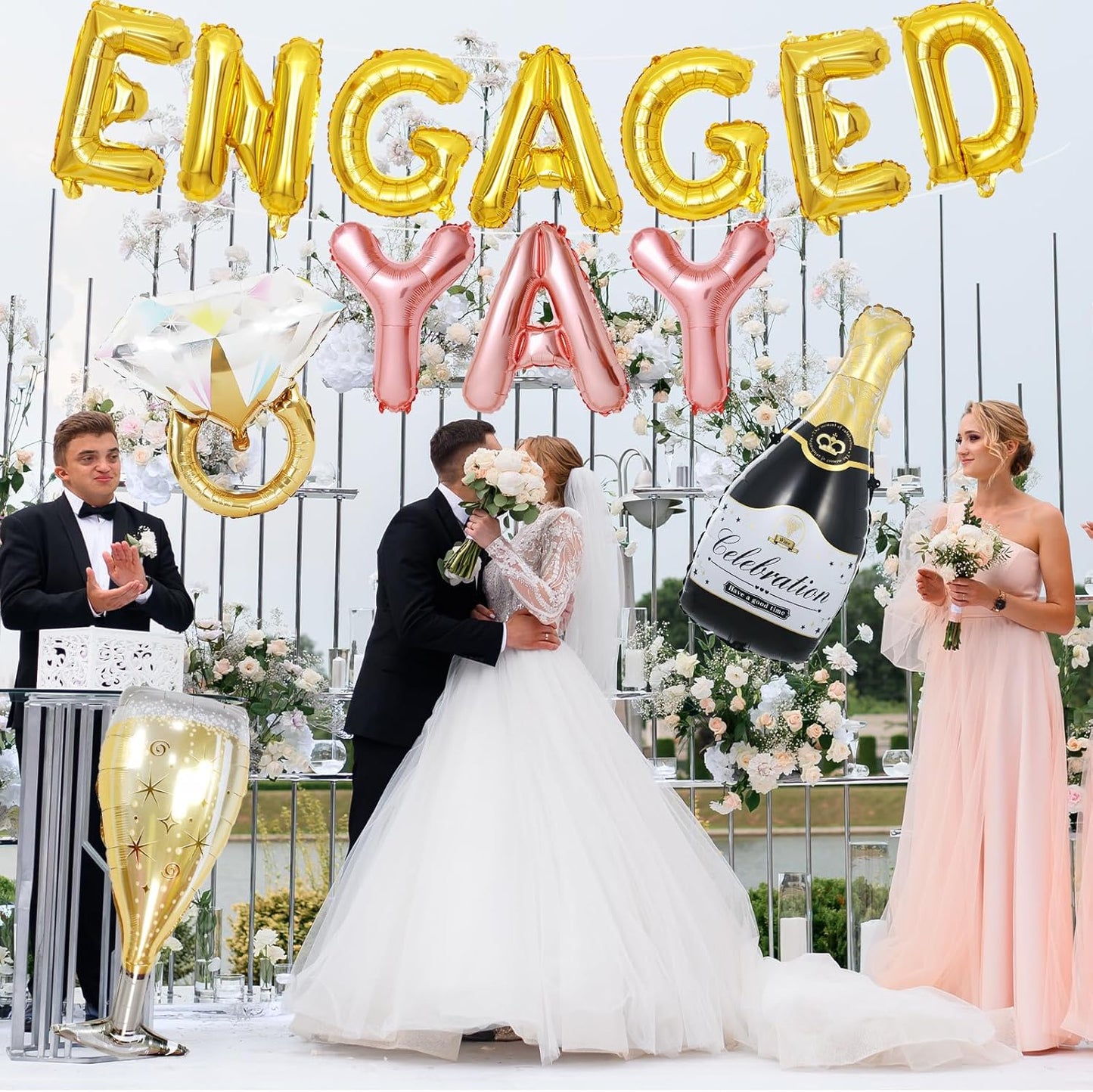 Gold Engagement Party Decorations, Engaged Yay Balloons Letters Banner, Diamond Ring Black Champagne Bottle Balloon Glass Foil Balloon for Bachelorette Engagement Wedding Bridal Shower Party Supplies
