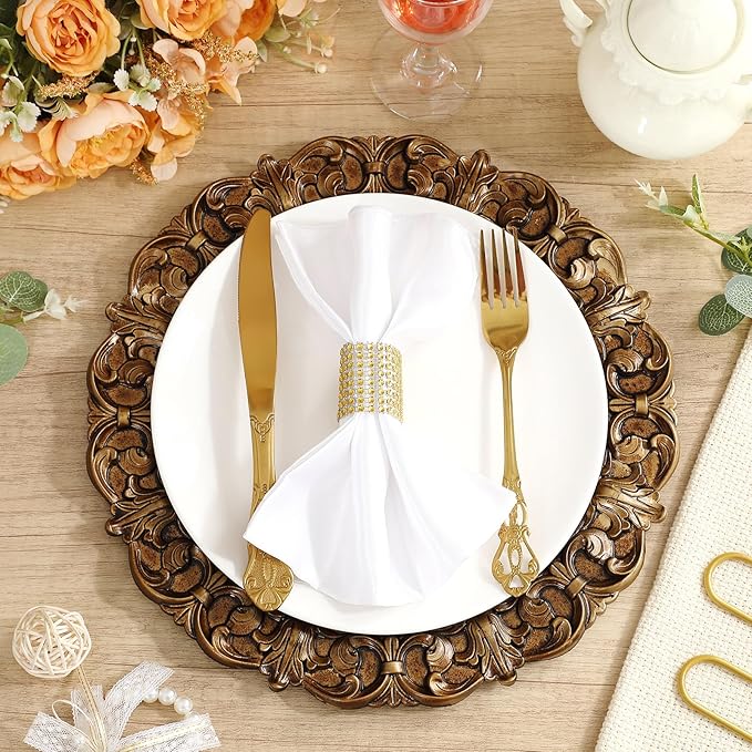 50 Pcs Antique Gold Charger Plates Bulk 13 Inch Embossed Rim Plastic Round Decorative Vintage Plates Charger for Dinner Wedding Party Event Table Setting Decoration (Vintage)