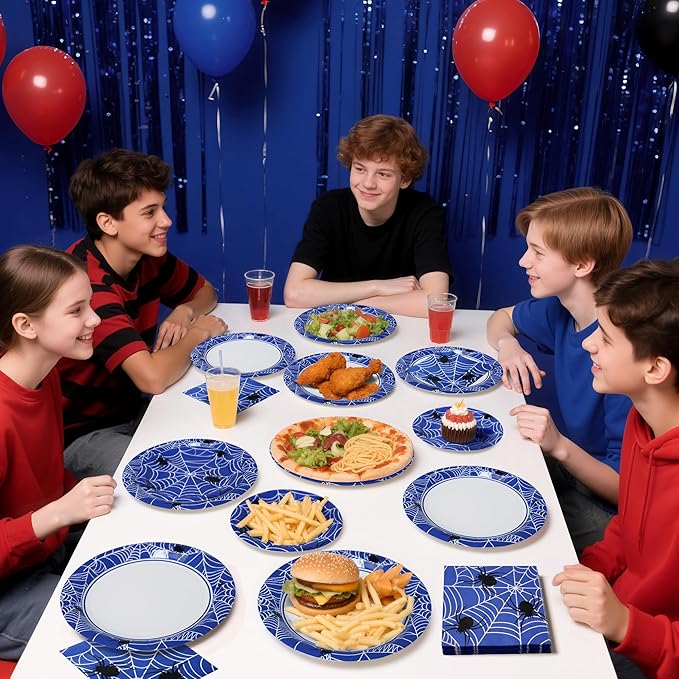 75pcs Spider Party Supplies, 25 Guest Disposable Blue Paper Plates & Napkins, Tableware Decorations Favors, Including 9" & 7" Plates & Napkins for Halloween, Birthday, Parties, and Everyday Use