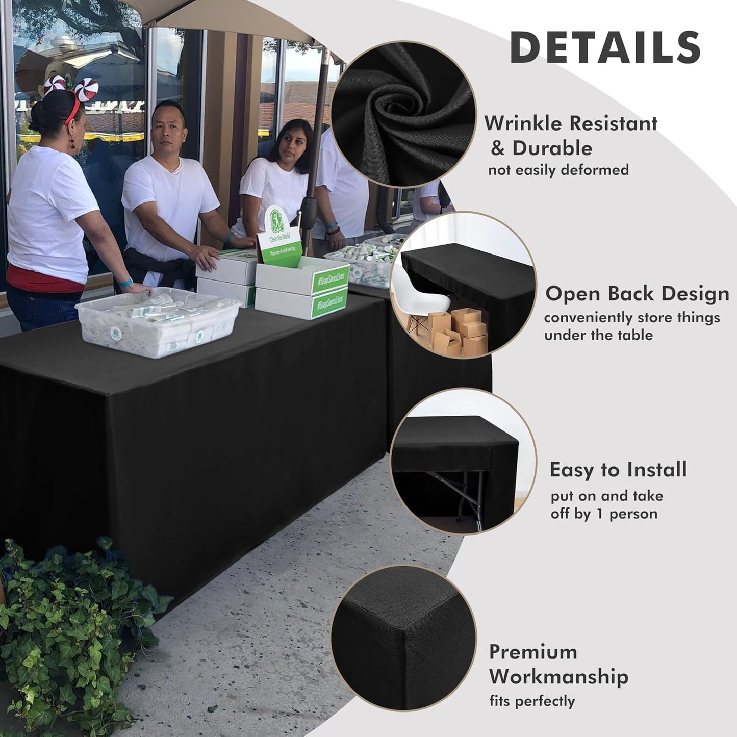 Nasitos 4 Pack Black Fitted Tablecloth for 4 Foot Tables-Open Back Rectangle Table Clothes Washable Tablecloth for Trade Show, Craft Show, Grad Party, Vendor Booth